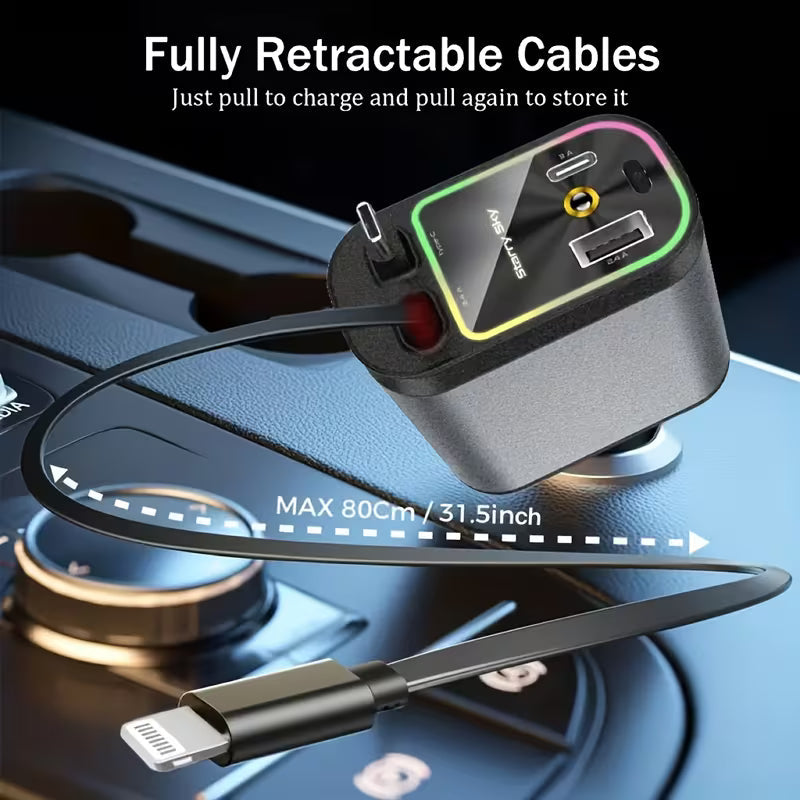 4-in-1 Starry Sky Car Charger with Ambient Projection Light | Retractable 80cm Cable, QC3.0 Fast Charging - Type C Cable's