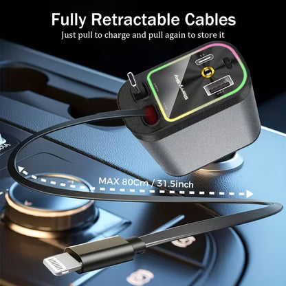 4-in-1 Starry Sky Car Charger with Ambient Projection Light | Retractable 80cm Cable, QC3.0 Fast Charging - Type C Cable's